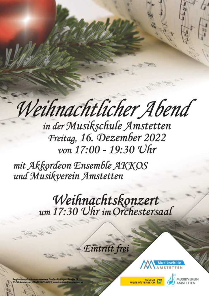 Plakat des weihnachtlichen Abends in der Musikschule Amstetten am 16. Dezember 2022 in der Musikschule